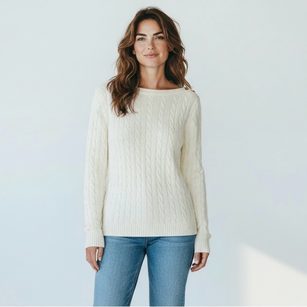 Lauren Ralph Lauren Women Petite Medium Ivory Cable Knit Gold Button Sweater